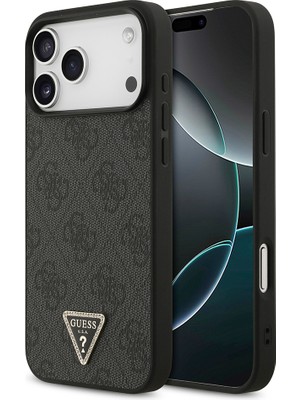 iPhone 18 Pro Max Kılıf Guess Lisanslı Pu Deri Taşlı Üçgen Logo 4g Desenli Strass Kapak Siyah