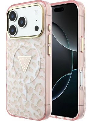 iPhone 18 Pro Kılıf Guess Orjinal Lisanslı M-Safeli Üçgen Logolu Simli Leopar Desenli Kapak Pembe