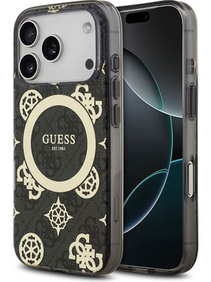 iPhone 18 Pro Max Kılıf Guess Lisanslı M-Safeli Iml Peony ve 4g Desenli Klasik Logolu Kapak Siyah