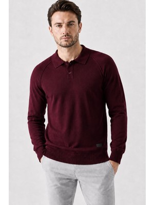 Tena Erkek Bordo Ayaklı Yaka Düğmeli Ters Dikiş Reglan Corspan Triko