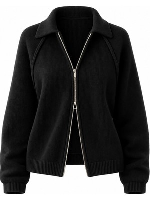 Retrobird Rosalie Oversize Polo Yaka Çift Fermuarlı Triko Hırka Kadın Siyah