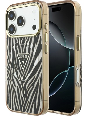 iPhone 18 Pro Max Kılıf Guess Lisanslı M-Safeli Üçgen Logolu Zebra Desenli Silikon Kapak Gold