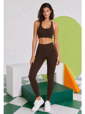 Real Dream Kadın Spor Tayt Push Up Dikişsiz Toparlayıcı Yüksek Bel - Double Espresso