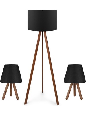 Art&Gift Pratik Tripod Lambader ve Iki Adet Ahşap Üç Ayaklı Abajur Ceyiz Seti Siyah Kumaş