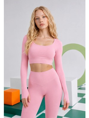 Real Dream Kadın Uzun Kollu U Yaka Dikişsiz Toparlayıcı Spor Büstiyer - Peony Pink