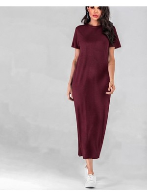 Nake Butik Kadın Sıfır Yaka Kısa Kol Basic Uzun Double Kumaş Elbise