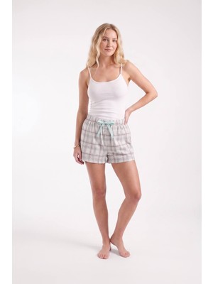 Markapia Kadın %100 Pamuk Ekose Desenli Bağcıklı Pembe Pijama Şort