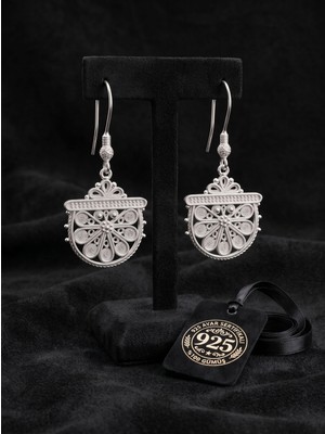 Roza Silver 925 Ayar Gümüş Geleneksel Telkari Yelpaze Özel Tasarım Sallantılı Küpe