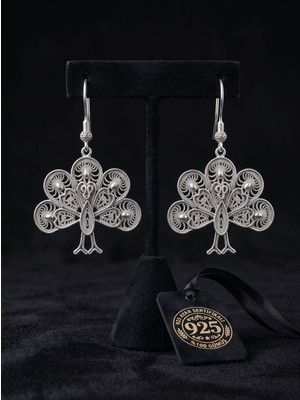 Roza Silver 925 Ayar Geleneksel Telkari El Işçiliği Tavus Kuşu Motifli Sallantılı Kanca Gümüş Küpe