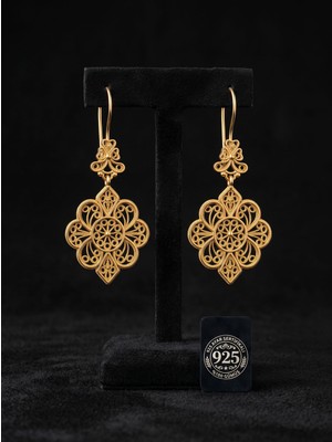 Roza Silver 925 Ayar Gümüş Geleneksel Telkari Gold Dantel Işlemeli Sallantılı Kanca Küpe