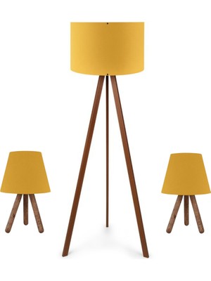 Art&Gift Pratik Tripod Lambader ve Iki Adet Ahşap Üç Ayaklı Abajur Ceyiz Seti Sarı Kumaş