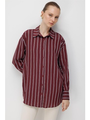 Mizalle Çizgili Oversize Mürdüm Viskon Gömlek