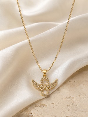 316L Paslanmaz Çelik Taşlı Melek Kanadı Sonsuzluk Figürlü Kolye Gold Renk 40+5 cm