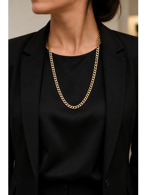 Xp 14K Renkte Unisex Golden Aura Paslanmaz Çelik Gold Renk Uzun Gurmet Zincir Kolye 55+5 cm
