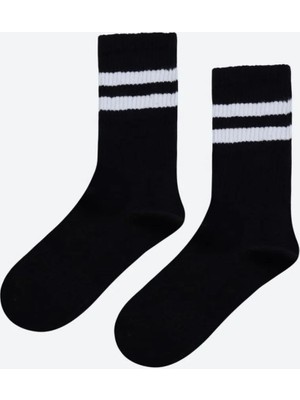 Real Dream Beyaz Çizgili Pamuklu Unisex Siyah Çorap – Nefes Alabilen Esnek Günlük Kullanım