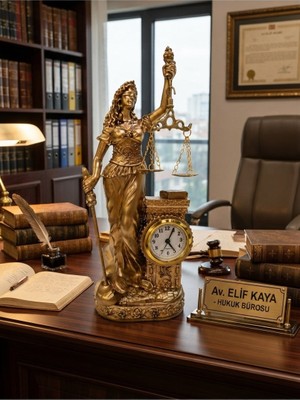 Kesene Hukuk Bürosu Masaüstü Lüks Polyester Themis Terazili Adalet Tanrıçası Heykeli saatli Biblo Gold 25CM