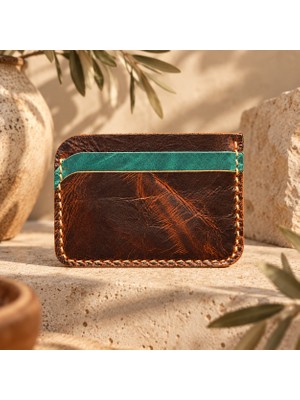 Oakco Leather Hakiki Deri Kahve Yeşil El Yapımı Minimal Kartlık