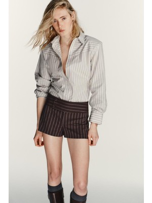 Allbucks Zara, Omuz Pedli - Vatkalı Çizgili Poplin Gömlek ABZRA00054