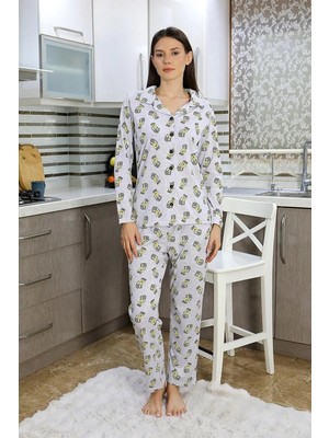 Çamaşır Kenti Moda Kadın Pamuk Penye Önden Düğmeli Uzun Kol Pijama Takım Gri Beruflic