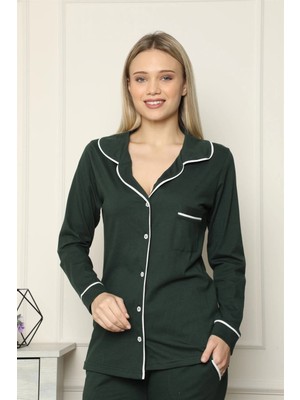 Çamaşır Kenti Moda Kadın %100 Pamuk Penye Önden Düğmeli Uzun Kol Pijama Takım Yeşil Beruflic