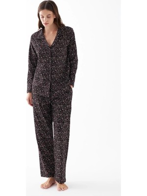 Çamaşır Kenti Moda Kadın Siyah Düğmeli Kalp Desenli Pamuklu Pijama Takımı Beruflic