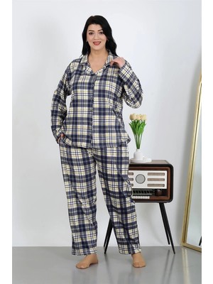 Çamaşır Kenti Moda Kadın Büyük Beden Pamuklu Cepli Düğmeli Lacivert Pijama Takım Beruflic