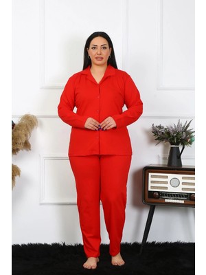 Çamaşır Kenti Moda Kadın Büyük Beden Pamuklu Cepli Düğmeli Kırmızı Pijama Takım Beruflic