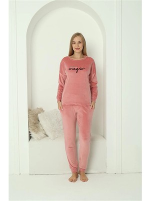 Çamaşır Kenti Moda Kadın Kadife Pembe Pijama Takım Beruflic