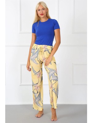 Çamaşır Kenti Moda Bayan Penye Bol Paça Pantolon Sarı Beruflic