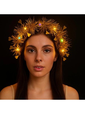 Çerçici Kalp Püsküllü Gece Parıltısı 3 Modlu Led'li Işıklı Taç Altın Renk Crc