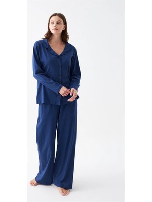 Çamaşır Kenti Moda Kadın Lacivert Düğmeli Yaka Detaylı Pamuklu Pijama Takımı Beruflic