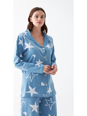 Çamaşır Kenti Moda Kadın Mavi Yıldız Desenli Düğmeli Pamuklu Pijama Takımı Beruflic