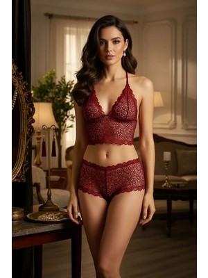 Beruflic Bordo Dantel Bralet Şort Takımı Askılı Şık Kadın Ev Giyim Under Moda