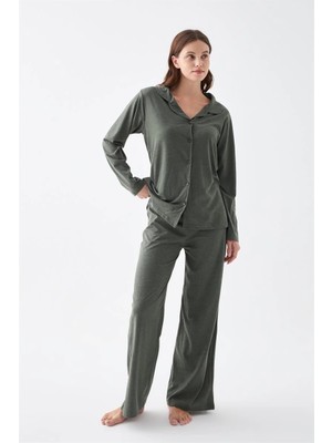 Çamaşır Kenti Moda Kadın Haki Düğmeli Pamuklu Pijama Takımı Beruflic
