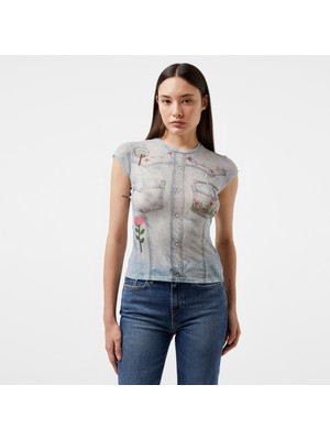 Guess Go Printed Denim Mes Slınky Mesh Kadın Multicolor Top