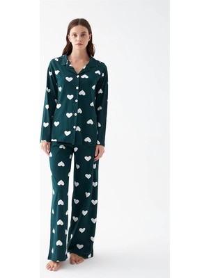 Çamaşır Kenti Moda Kadın Zümrüt Yeşili Kalp Desenli Düğmeli Pamuklu Pijama Takımı Beruflic