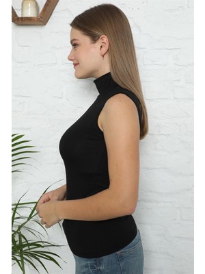 Çamaşır Kenti Moda Bayan Sıfır Kol Yarım Balıkçı Yaka Body Siyah Beruflic