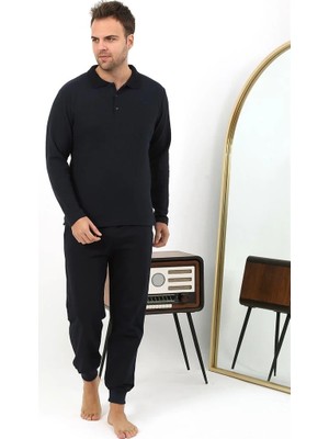 Çamaşır Kenti Moda Erkek Polo Yaka Uzun Kol Penye Pijama Takımı Lacivert Beruflic
