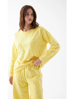 Çamaşır Kenti Moda Kadın Oversize Sarı Desenli Pamuklu Kalın Pijama Takımı Beruflic