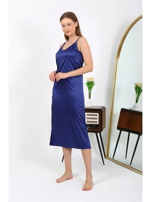Çamaşır Kenti Moda Yırtmaçlı Uzun Saten Gecelik Lacivert Beruflic