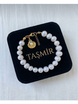 Taşmir Sertifikalı Gerçek Doğal Inci Kadın Bileklik Çelik Aparatlı Altın Kaplama Istiridye Charmlı
