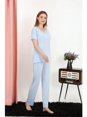 Çamaşır Kenti Moda Kadın Kısa Kol Pamuk Penye Pijama Takım Mavi Beruflic