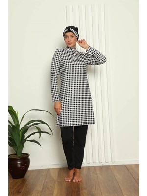 Çamaşır Kenti Moda Tam Tesettür Dijital Desenli Mayo Siyah - Beyaz Beruflic