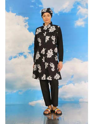 Çamaşır Kenti Moda Kadın Pantolonlu Desenli Tam Tesettür Mayo Siyah Beruflic