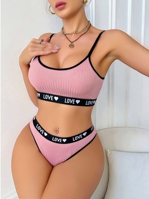 Beruflic Kadın Pembe Love Yazı Detaylı Zarif Bikini Mayo Takımı Özel Tasarım Under Moda