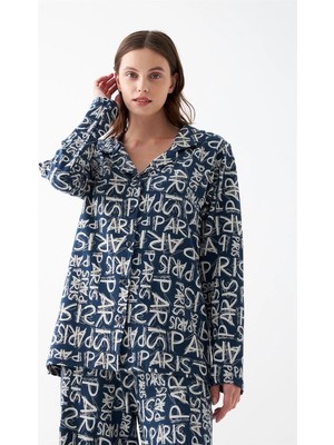 Çamaşır Kenti Moda Kadın Lacivert “paris” Yazı Desenli Düğmeli Pamuklu Pijama Takımı Beruflic