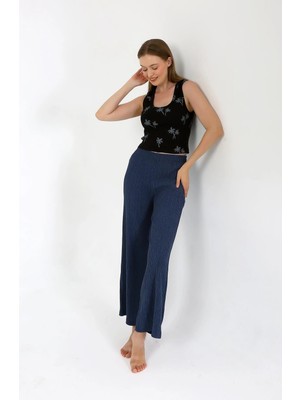 Çamaşır Kenti Moda Kadın Kalın Askılı Body Bol Paça Pantolon 2`li Takım Siyah Beruflic