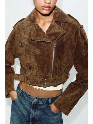 Allbucks Zara, %100 Deri Hakiki Süet Deri Kemerli Biker Ceket ABZRA00040