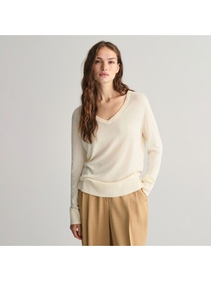 Gant Kadın Krem Regular Fit V Yaka Kazak