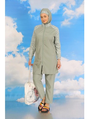Çamaşır Kenti Moda Kadın Pantolonlu Desenli Tam Tesettür Mayo Su Yeşili Beruflic